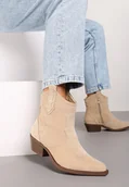 Botki damskie - Beżowe Botki na Słupku w Stylu Kowbojek Zapinane na Suwak Evirene - miniaturka - grafika 1