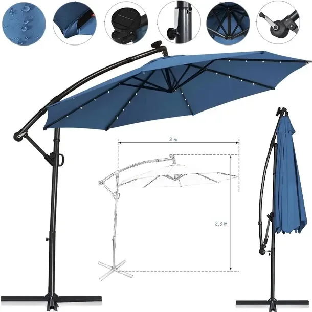 Parasol Ogrodowy Ze Światłami Led Obrotowy 360° 300 X 230cm Niebieski