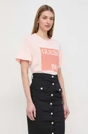 Koszulki sportowe damskie - Guess t-shirt bawełniany damski kolor różowy - miniaturka - grafika 1