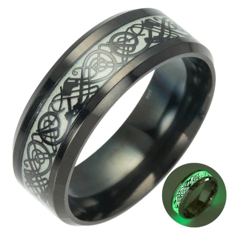 Czarny Sygnet Smok Celtycki Glow in Dark Świecący w Ciemności Wolfram