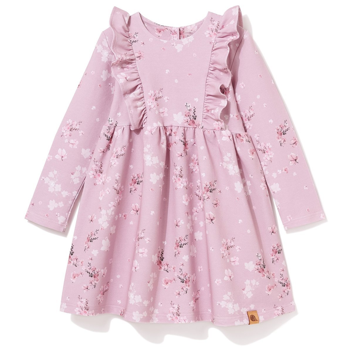 Sukienka bawełniana z falbanką, w kwiaty delikatny róż 134