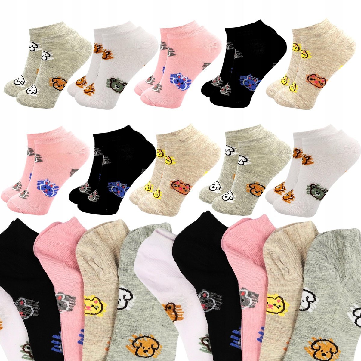 Krótkie Skarpetki Stopki Damskie Kolorowe Wzory Bawełniane 10 Par 39/41