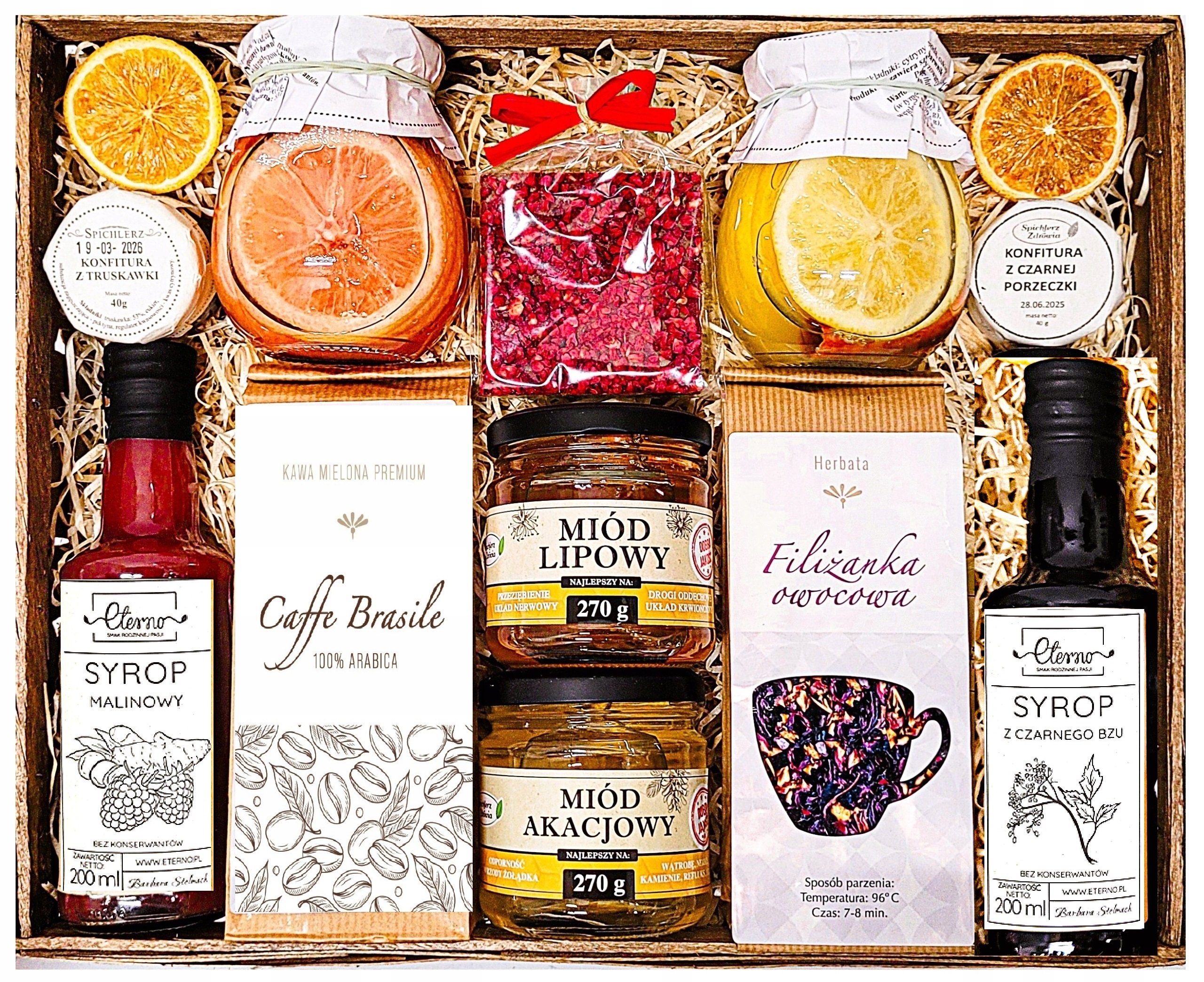 Duży Kosz Prezentowy Upominek Herbata Syrop Cytrynki Kawa