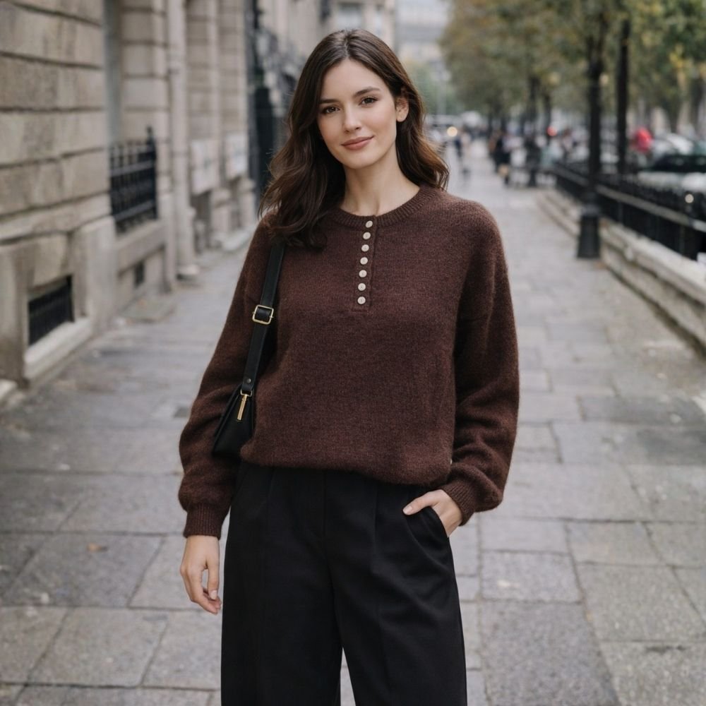 Sweter damski Włoski brązowy guziki miękki klasyczny L/XL