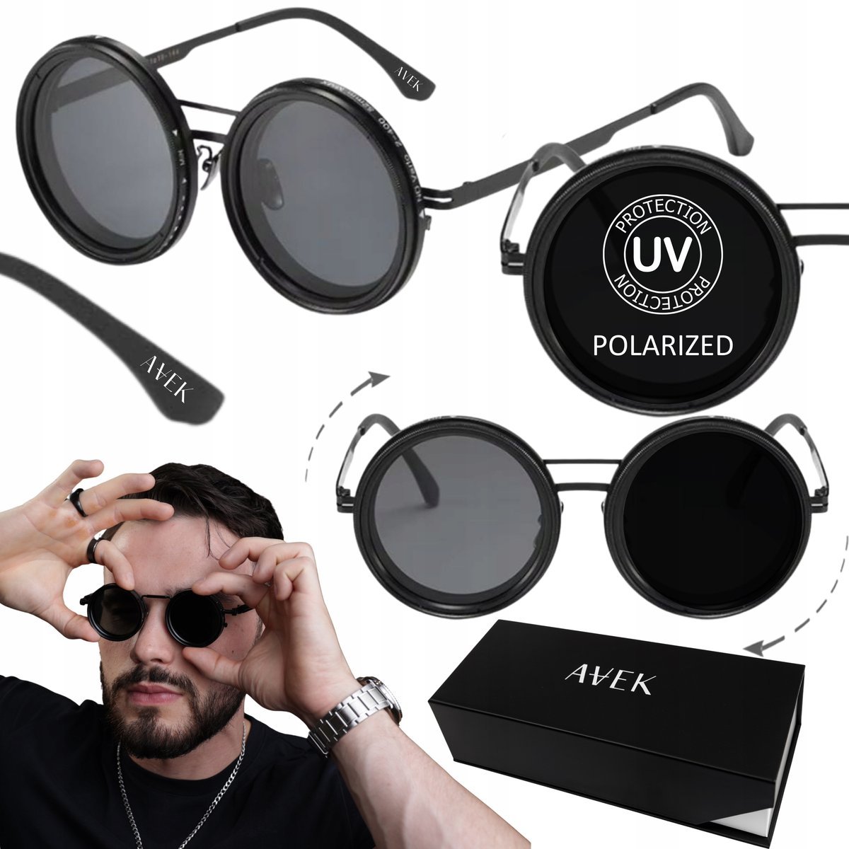 Okulary PRZECIWSŁONECZNE MĘSKIE UV400 FILTR UV 400 POLARYZACJA Z POKRĘTŁEM / AVEK
