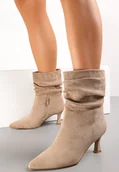 Botki damskie - Ciemnobeżowe Botki z Imitacji Zamszu z Marszczoną Cholewką do Połowy Łydki na Niskim Obcasie Typu Kaczuszka Zakera - miniaturka - grafika 1
