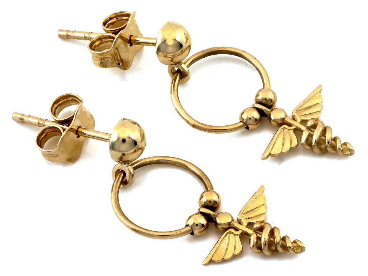 Kolczyki złote 585 delikatne dyskretne z wiszącym aniołem