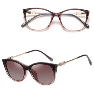 2w1 Okulary damskie do komputera + nakładka przeciwsłoneczna na magnes Clip-On 25161D szary/różowy - Okulary korekcyjne, oprawki, szkła - miniaturka - grafika 1