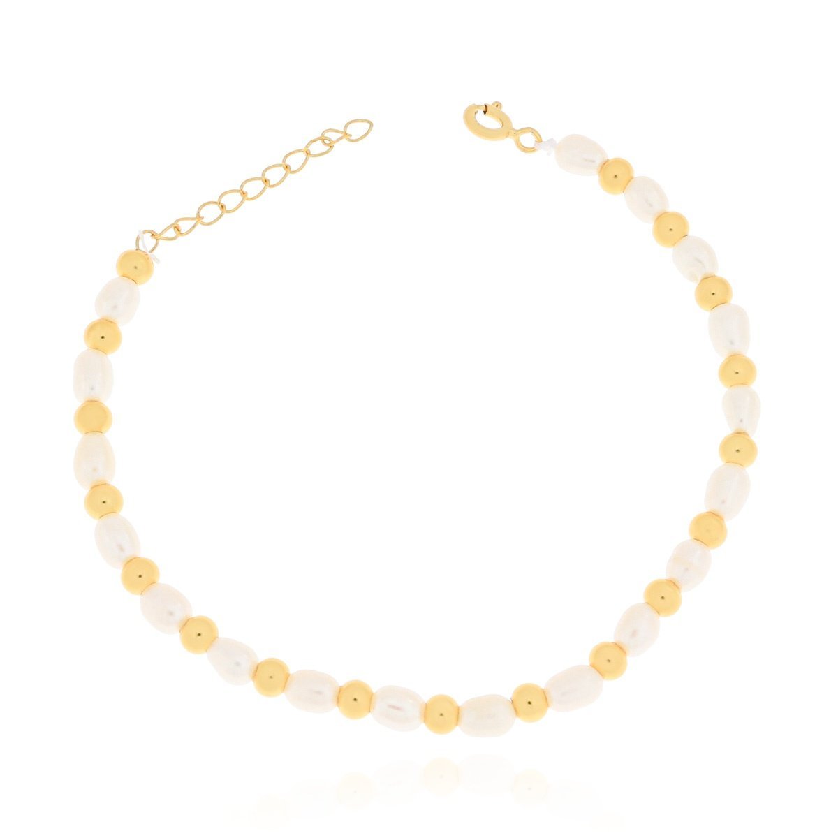 Srebrna pozłacana bransoletka z białymi perłami i kulkami 17 cm pr. 925