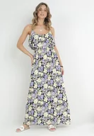 Sukienki - Fioletowo-Żółta Sukienka Bawełniana w Kwiaty z Falbanką Janellie - miniaturka - grafika 1