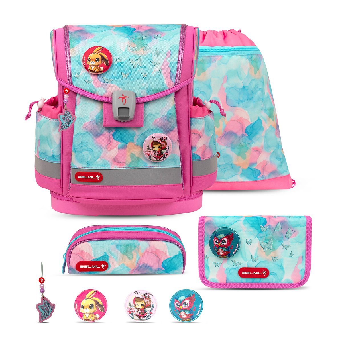 Zestaw tornistra szkolnego Belmil Classy Plus Aqua Rose, 5-częściowy