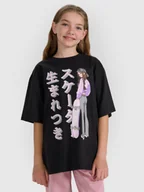 Koszulki dla dziewczynek - 4F T-shirt oversize z nadrukiem dziewczęcy - czarny 152 (11-12 lat) - miniaturka - grafika 1