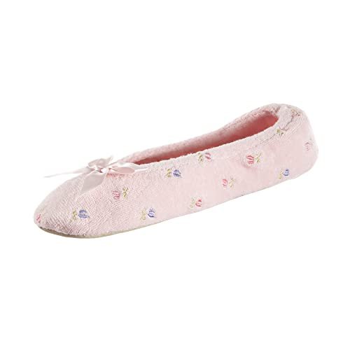 Isotoner Damskie haftowane kapcie Terry Ballerina, Różowe, Duże