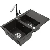 Zlewozmywaki z baterią - Mexen Gaspar zlewozmywak granitowy 1,5-komorowy z ociekaczem i baterią kuchenną Flora, czarny/złoty metalik - miniaturka - grafika 1