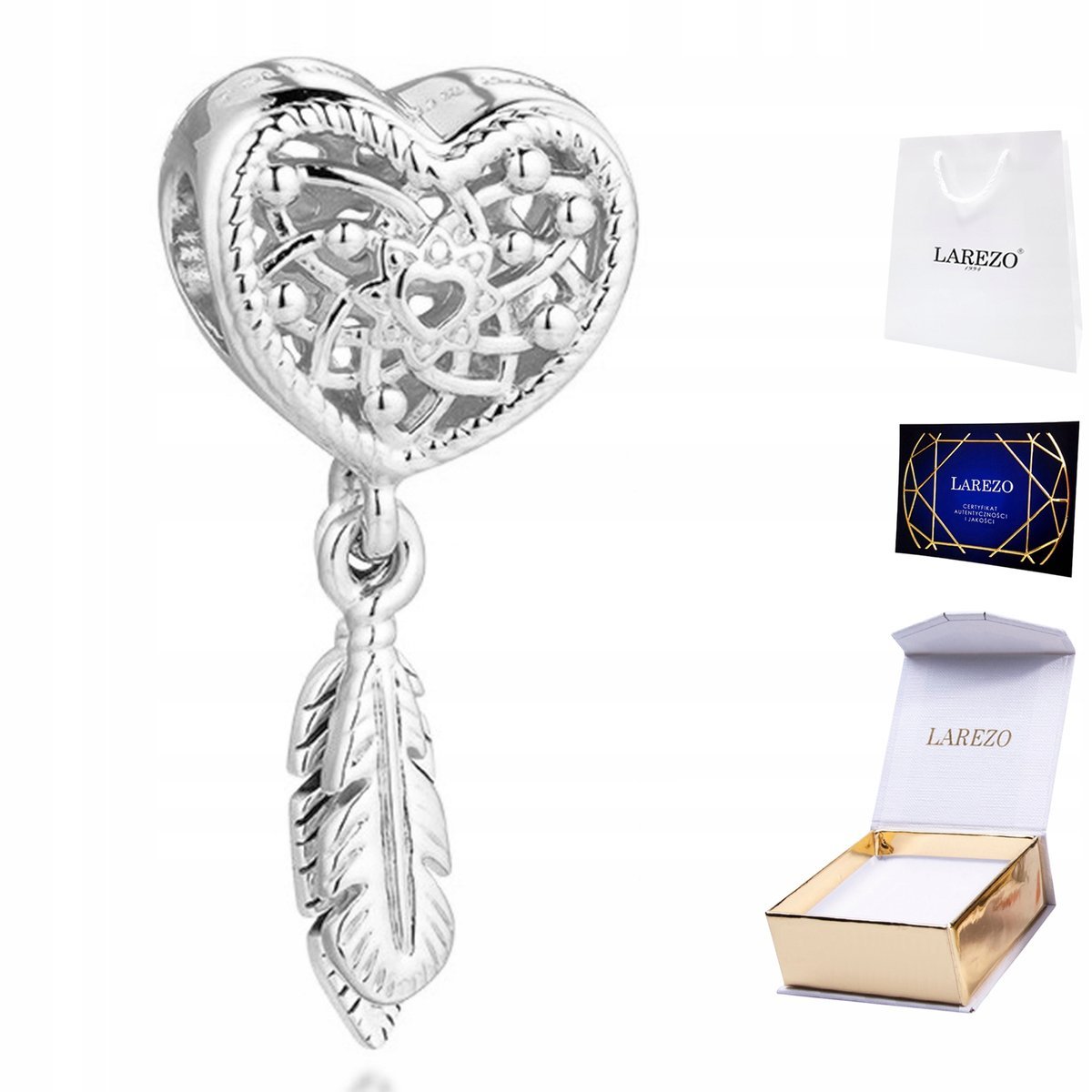 CHARMS SREBRNY Łapacz Snów Serce Pióro Piórko Serduszko Love SREBRO 925