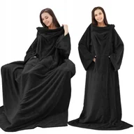 Koce - CIEPŁY KOC Z RĘKAWAMI XXL KOCOBLUZA SZLAFROK OVERSIZE 2W1 CZARNY - miniaturka - grafika 1