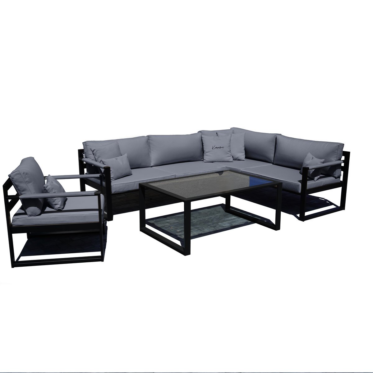 Meble ogrodowe BRYGIDA narożnik 250x200 + fotel + stolik czarna stal, SUMBA 7067 - kolor szary