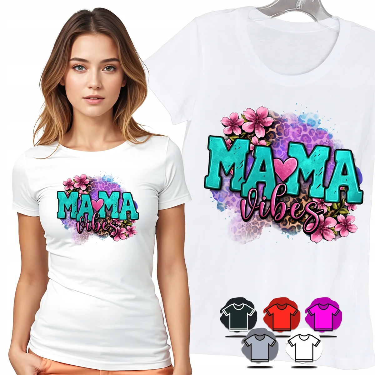 KOSZULKA DAMSKA T-SHIRT - MAMA VIBES KWIATY KOLOROWY NAPIS PREZENT - XL