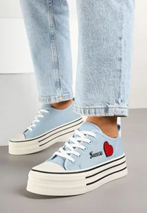 Niebieskie Trampki na Platformie z Ozdobnym Napisem i Aplikacją Efena - Trampki damskie - miniaturka - grafika 1