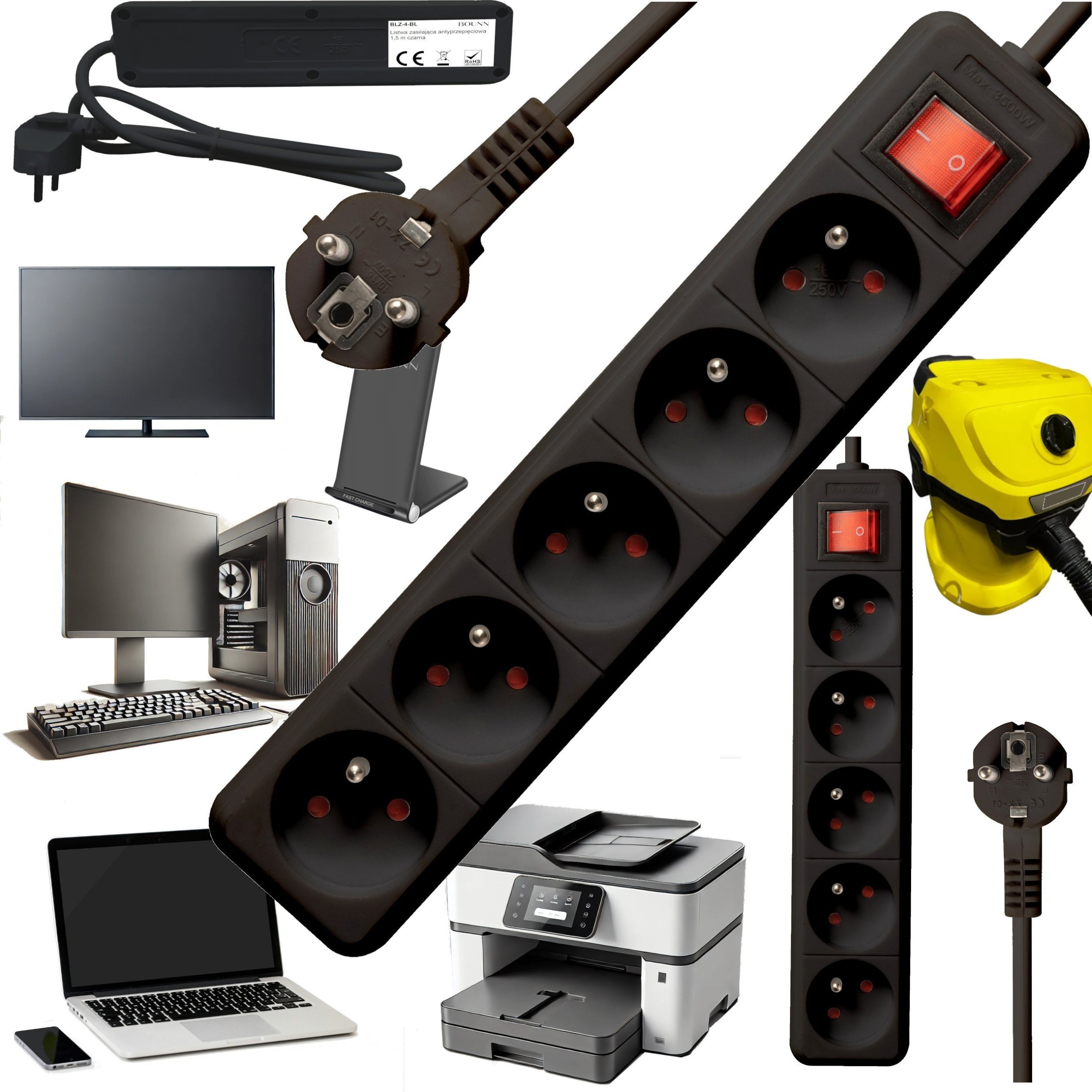 Listwa zasilająca Bounn BOUNN listwa zasilajÄ ca antyprzepiÄciowa 5 gniazd 1,5 m czarna 16A BLZ-4-BL