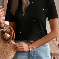 Bluzki damskie - TEMU Elegancka Tunika z Krótkim Rękawem dla Kobiet - Czarna Bluzka w Białe i Złote Ozdoby, Przewiewna na od Casual po Półformalne Stylizacje, - miniaturka - grafika 1