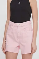 Spodenki damskie - Pepe Jeans szorty jeansowe damskie kolor różowy gładkie high waist - miniaturka - grafika 1