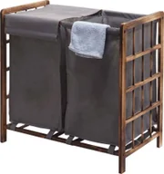 Kosze na bieliznę - Kosz na pranie HWC-B60, kosz na pranie z litego drewna 2 komory 60x60x33cm 68l ~ brązowy, szara pokrywa - miniaturka - grafika 1