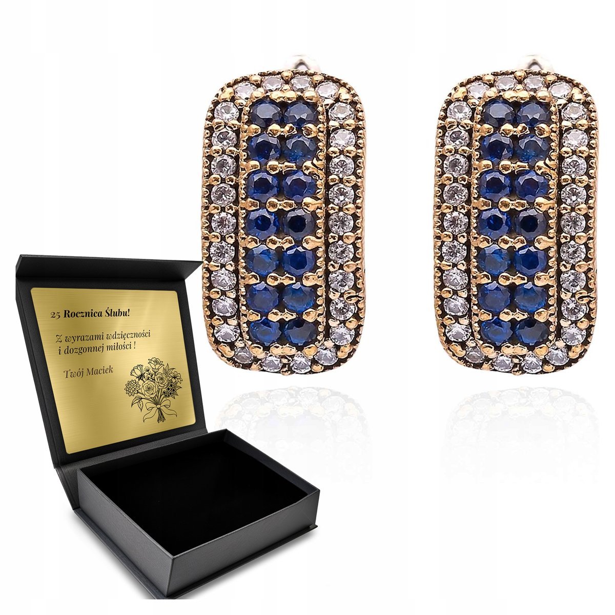 Kolczyki Srebrne 925 Cyrkonie Szafir Biżuteria Dla Kobiety + Grawer