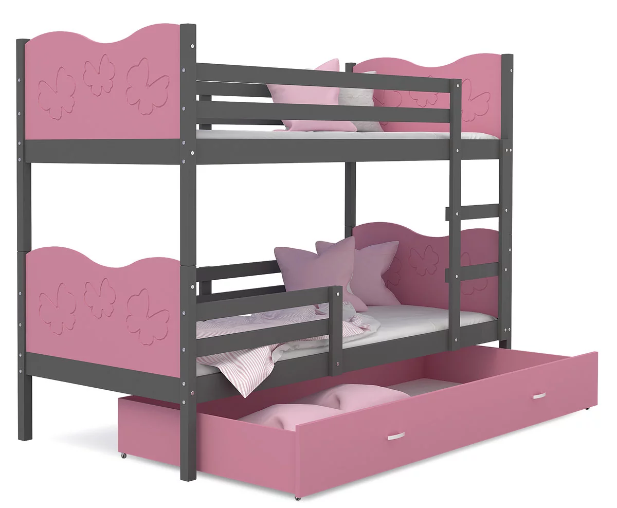 Łóżko piętrowe 190x80 szare różowe + materace MAX
