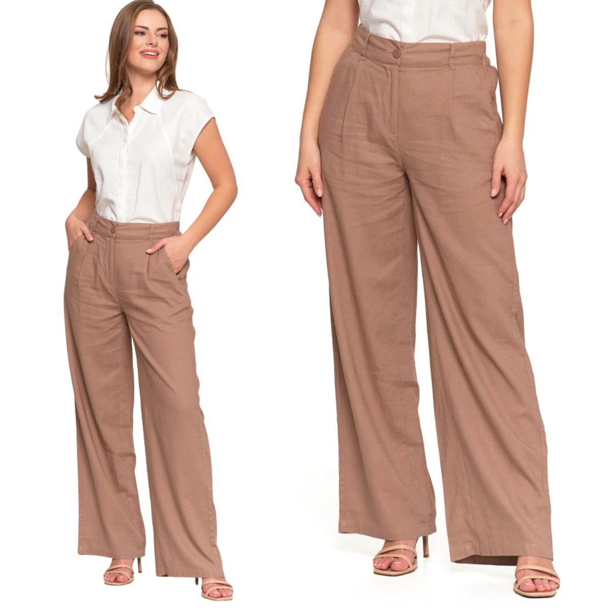 SPODNIE LNIANE DAMSKIE SZEROKIE Z WYSOKIM STANEM ELEGANCKIE MORAJ L BEIGE