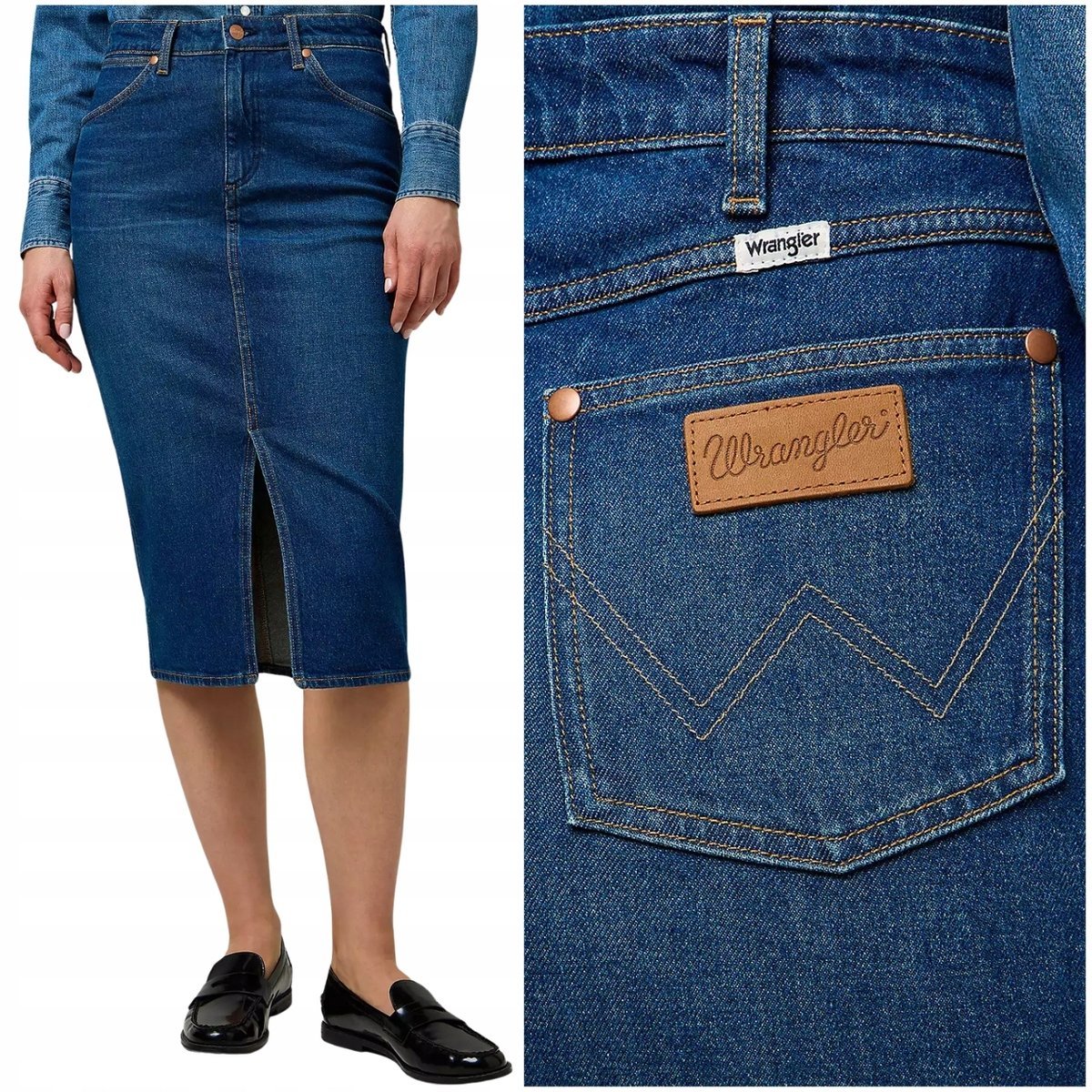 Wrangler Pencil Skirt ołówkowa jeansowa spódnica rozcięcie z przodu XS