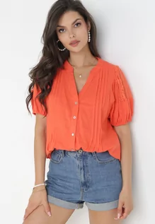 Koszule damskie - Pomarańczowa Koszula Bawełniana z Krótkim i Bufiastym Rękawem Miria - grafika 1