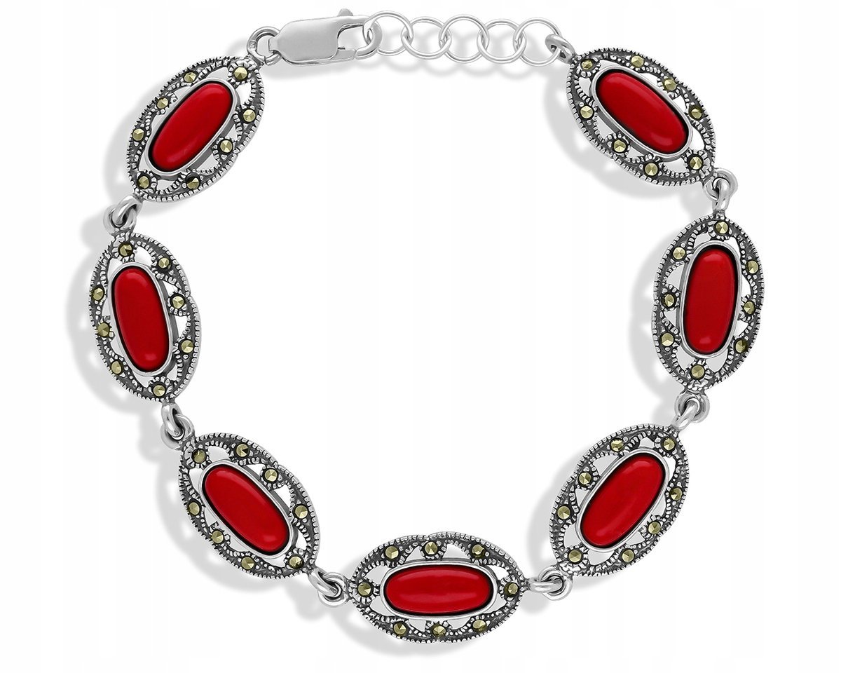 Bransoletka Srebrna Damska Czerwony Koral i Naturalne Markazyty Szeroka 925