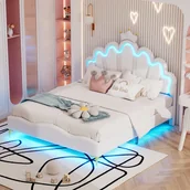 Łóżka dla dzieci i młodzieży - Łóżko dziecięce 140x200cm z LED - łóżko księżniczka z poduszką ze skóry - Biały - miniaturka - grafika 1