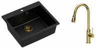 Zlewozmywaki z baterią - Quadron Zlewozmywak granitowy jednokomorowy 57*50*22 cm MORGAN 110 PURE CARBON czarny ze złotym odpływem z baterią JESSICA Q LINE z wyciąganą wylewką i funkcją prysznica kolor złoty - miniaturka - grafika 1