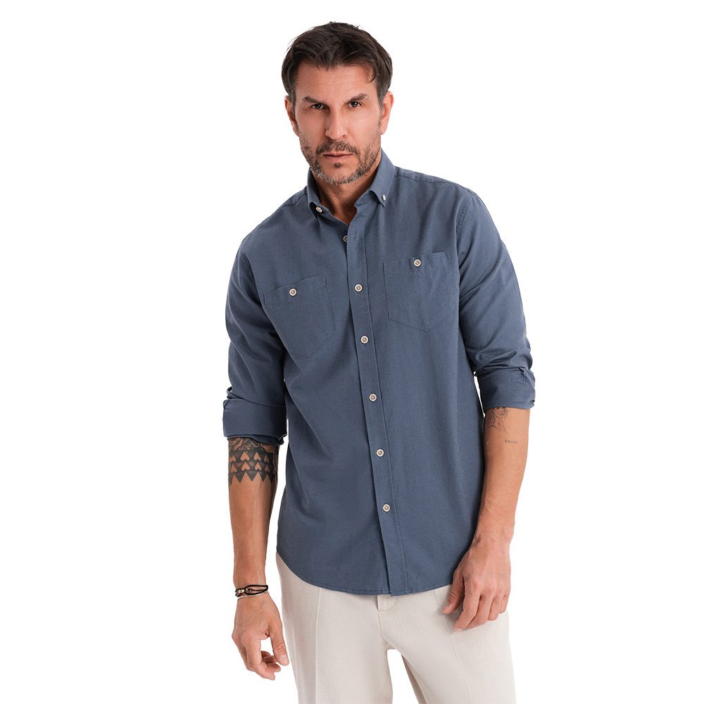 Męska koszula lniana regular fit niebieska modna Ombre OM-SHCS-0134 V4 XXL