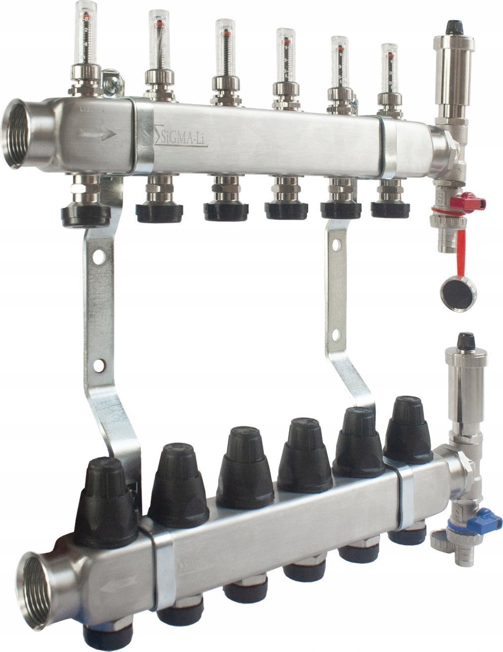 FERRO INOX Rozdzielacz ze stali nierdzewnej 7-drogowy z przepływomierzami, zaworami termostatycznymi