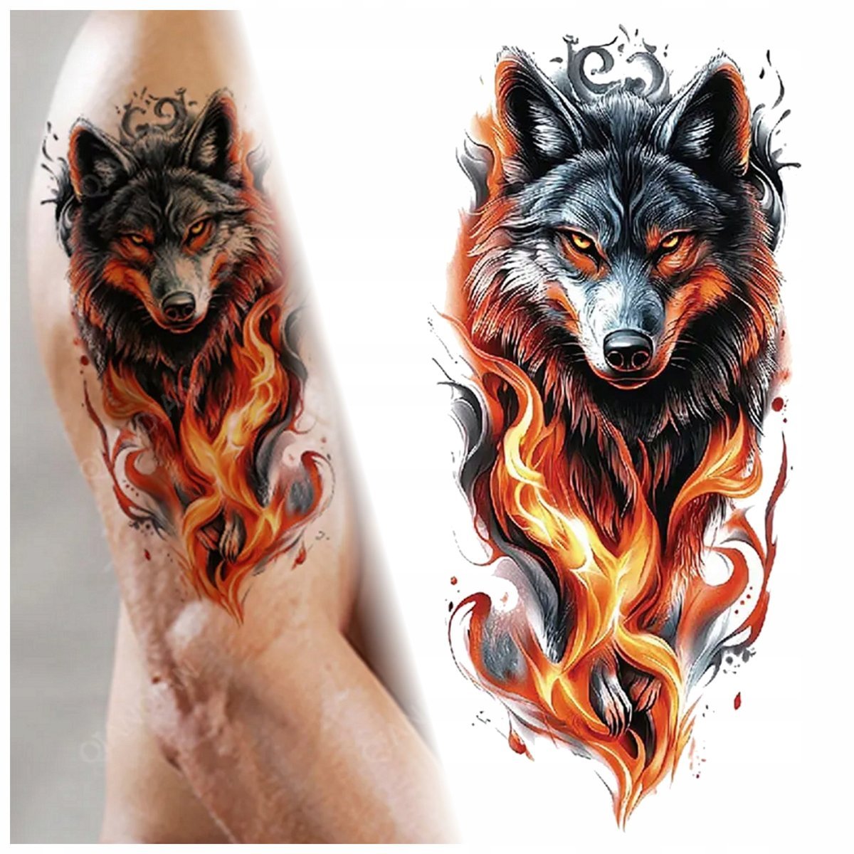 TATUAŻ WILK OGNISTY KOLOROWY ZMYWALNY TYMCZASOWY WODNY