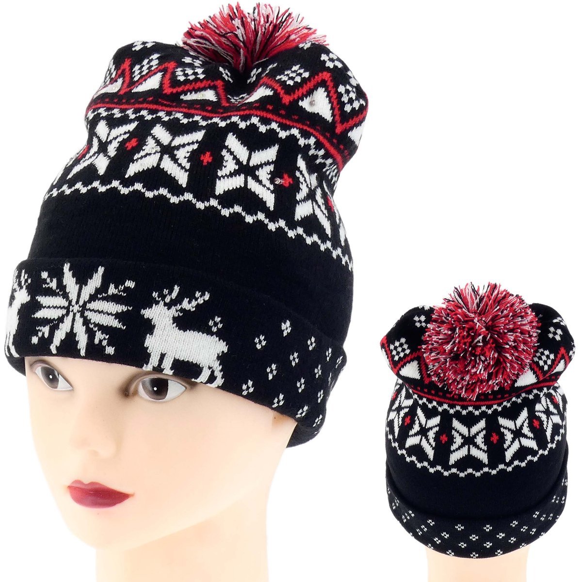 ZIMOWA CZAPKA Z POMPONEM DIODY LED ŚWIECĄCA CZARNO BORDOWA