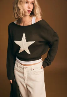 Stradivarius Sweter z dzianiny asymetryczny w gwiazdki Khaki M - Swetry damskie - miniaturka - grafika 1