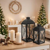 Lampiony i znicze - Komplet 2 latarenek metalowych 16,5 x 16,5 x 38 cm + 13,5 x 13,5 x 29 cm czarny - miniaturka - grafika 1