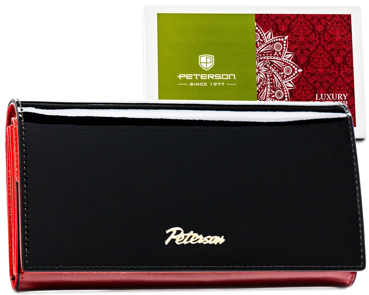 Damski skórzany portfel Peterson lakierowany na zatrzask duża portmonetka na karty z RFID, czerwony czarny