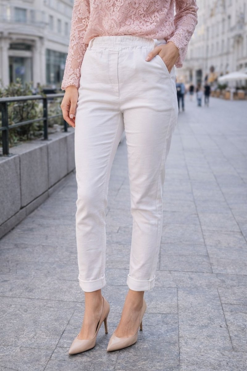Spodnie damskie białe casual eleganckie gumka wysoki stan włoskie Uni