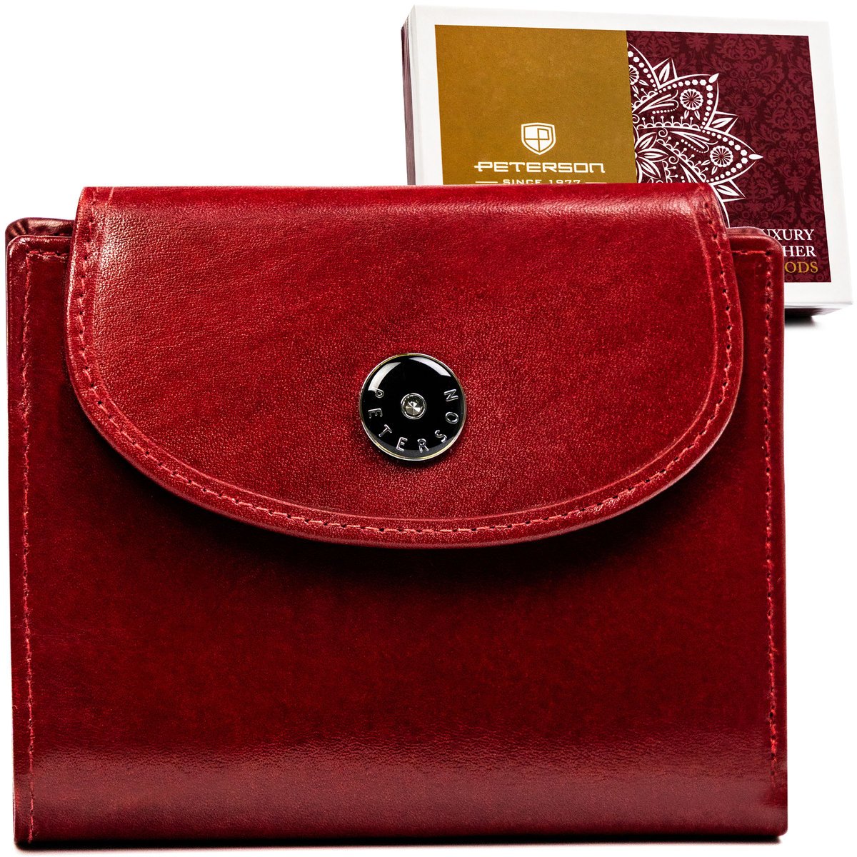 Mały portfel damski PETERSON skórzany na zatrzask rozbudowany na karty elegancki na prezent czerwony
