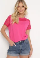 Koszulki i topy damskie - Różowa Koszulka T-shirt z Wiskozy z Krótkim Rękawem i Koronką Relliara - miniaturka - grafika 1