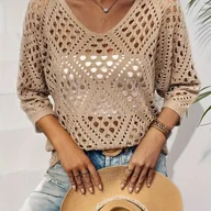 Swetry damskie - TEMU Damski elegancki pulower z dekoltem w kształcie litery V - luźny, z długim rękawem, wykończony w pustkach, jednokolorowy beżowy, idealny na - miniaturka - grafika 1