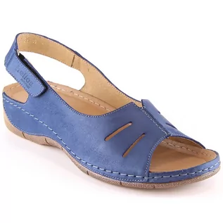 Sandały damskie - Skórzane komfortowe sandały damskie na rzep granatowe Helios 117 niebieskie - grafika 1