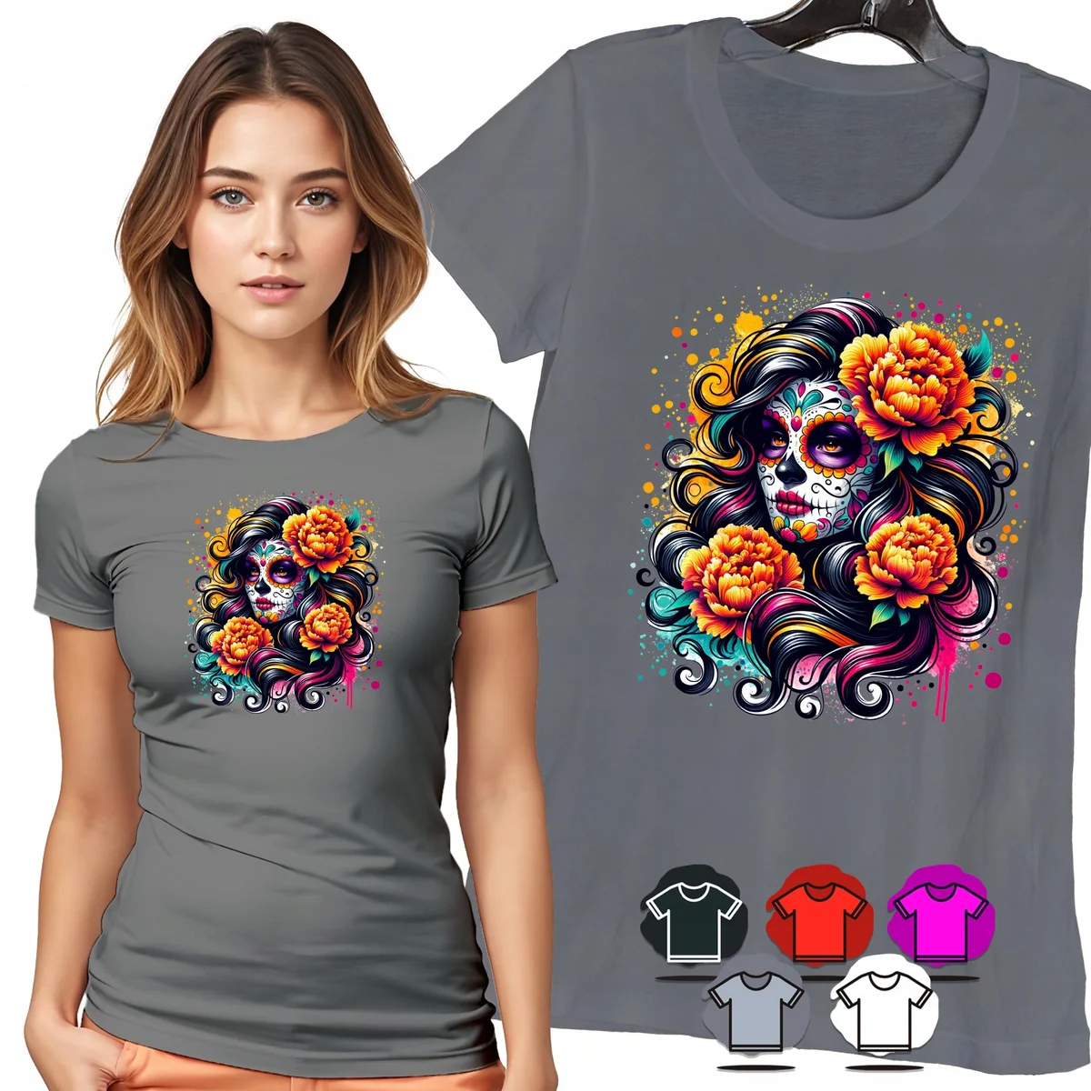 KOSZULKA DAMSKA T-SHIRT - SANTA MUERTE POMARAŃCZOWE KWIATY PORTRET - 3XL