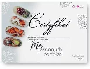 Certyfikat ze szkolenia online LIVE Mix Jesiennych zdobień by Paulina Laskowska Wersja Drukowana - Pozostałe akcesoria kosmetyczne - miniaturka - grafika 1