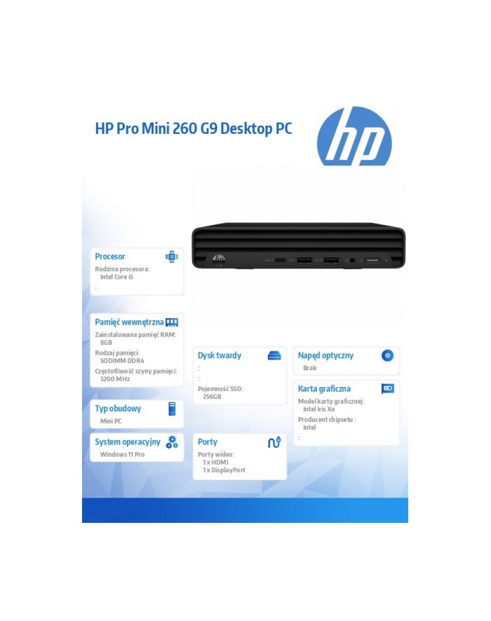 hp inc. Komputer Pro Mini 260 G9 i5-1335U 256GB/8GB/W11P B6ZA7ET